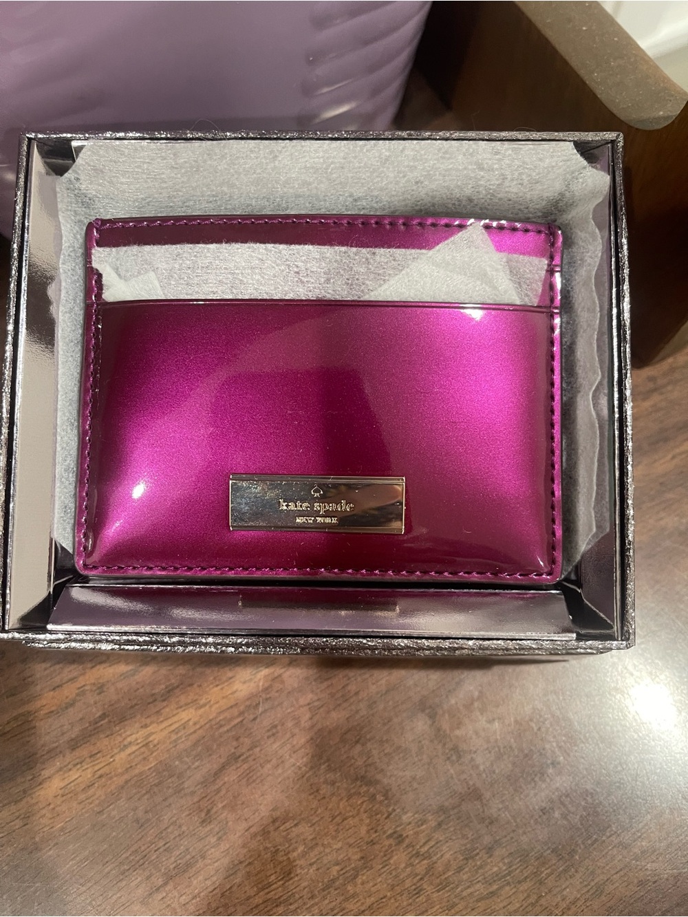 kate spade Metallic Fuchsia Card & Key Holder with Gold Logo Plate